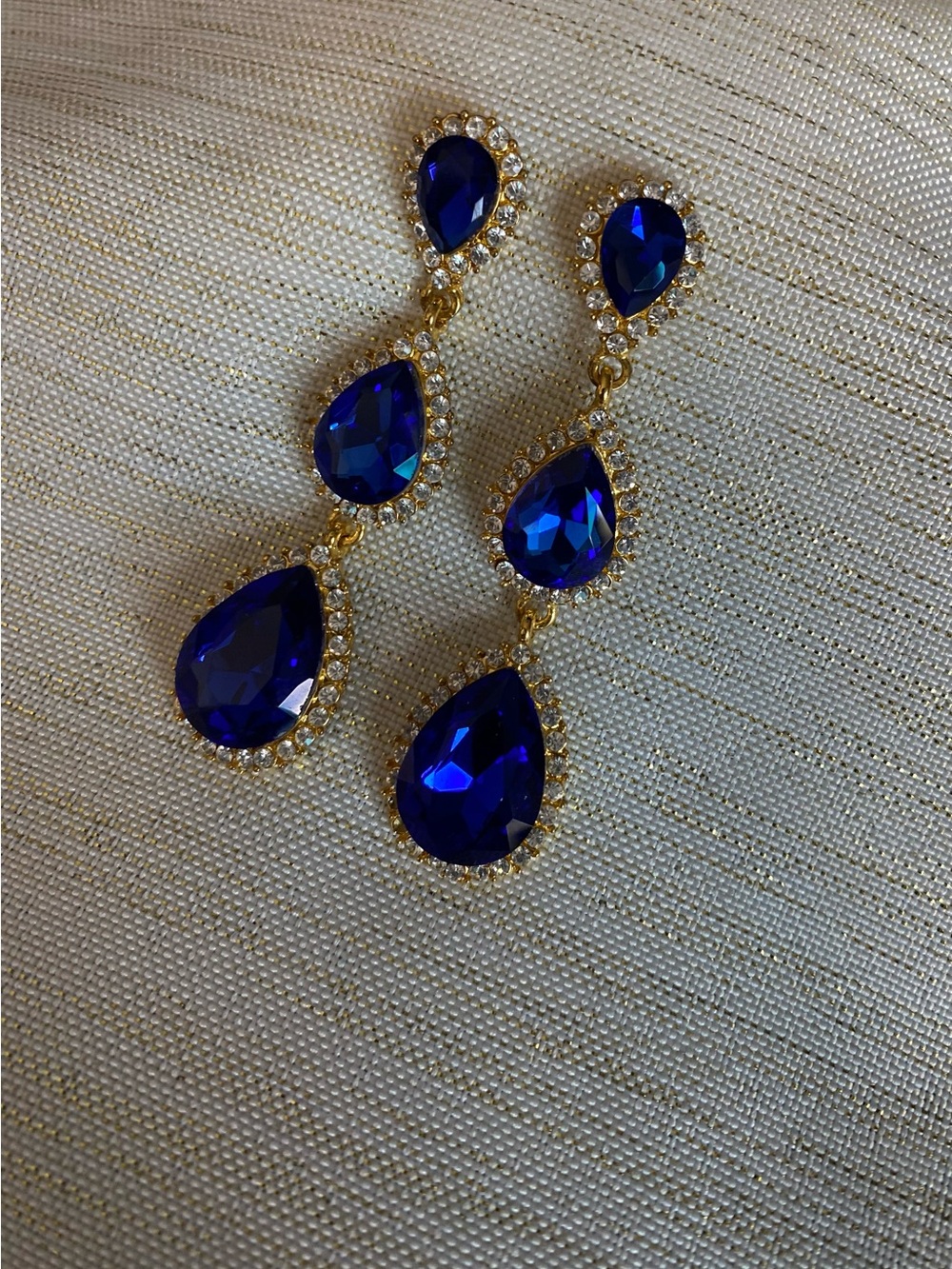 Gold Teardrop Dangle Earrings with Royal Blue Stones